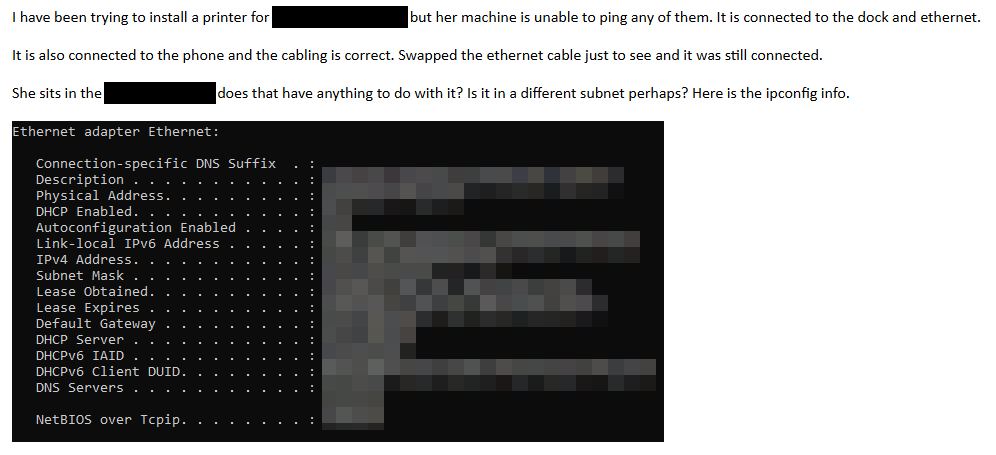 A screenshot of an email detailing an issue I escalated to the network team, where I helped determine that a number of ports were assigned to an incorrect VLAN.